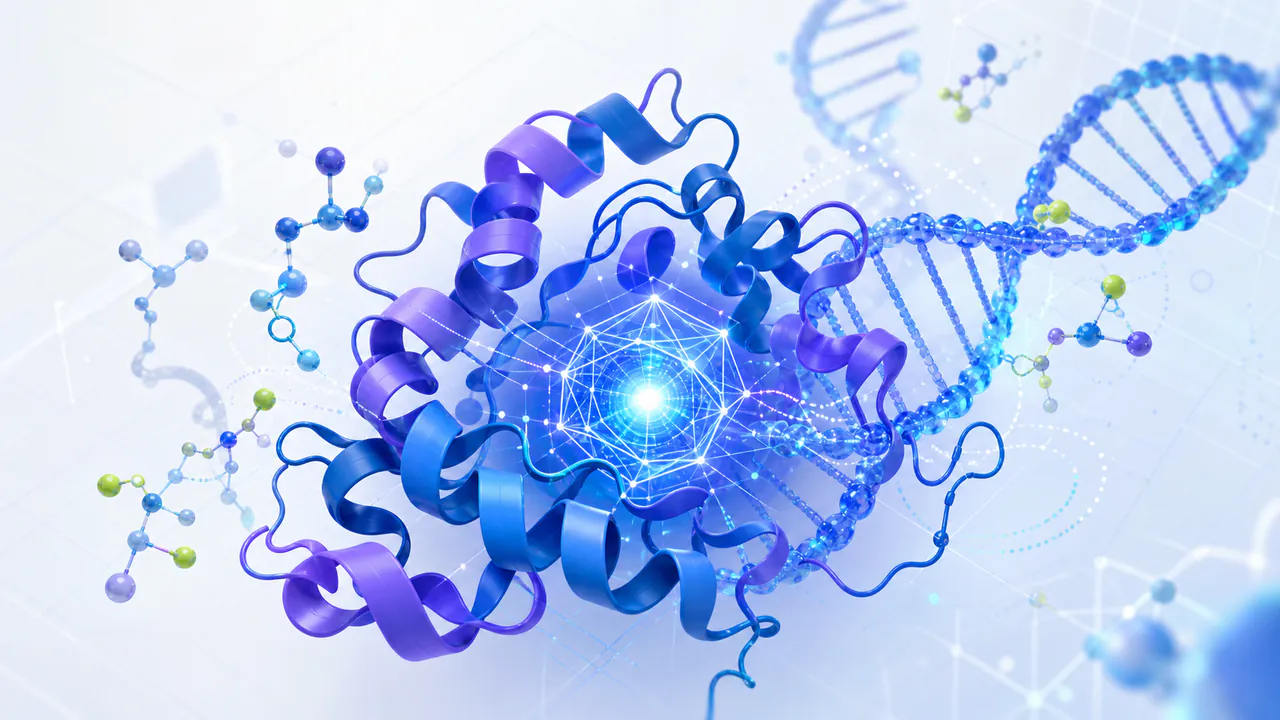 AlphaFold 预测蛋白质和生命分子结构的科学示意图