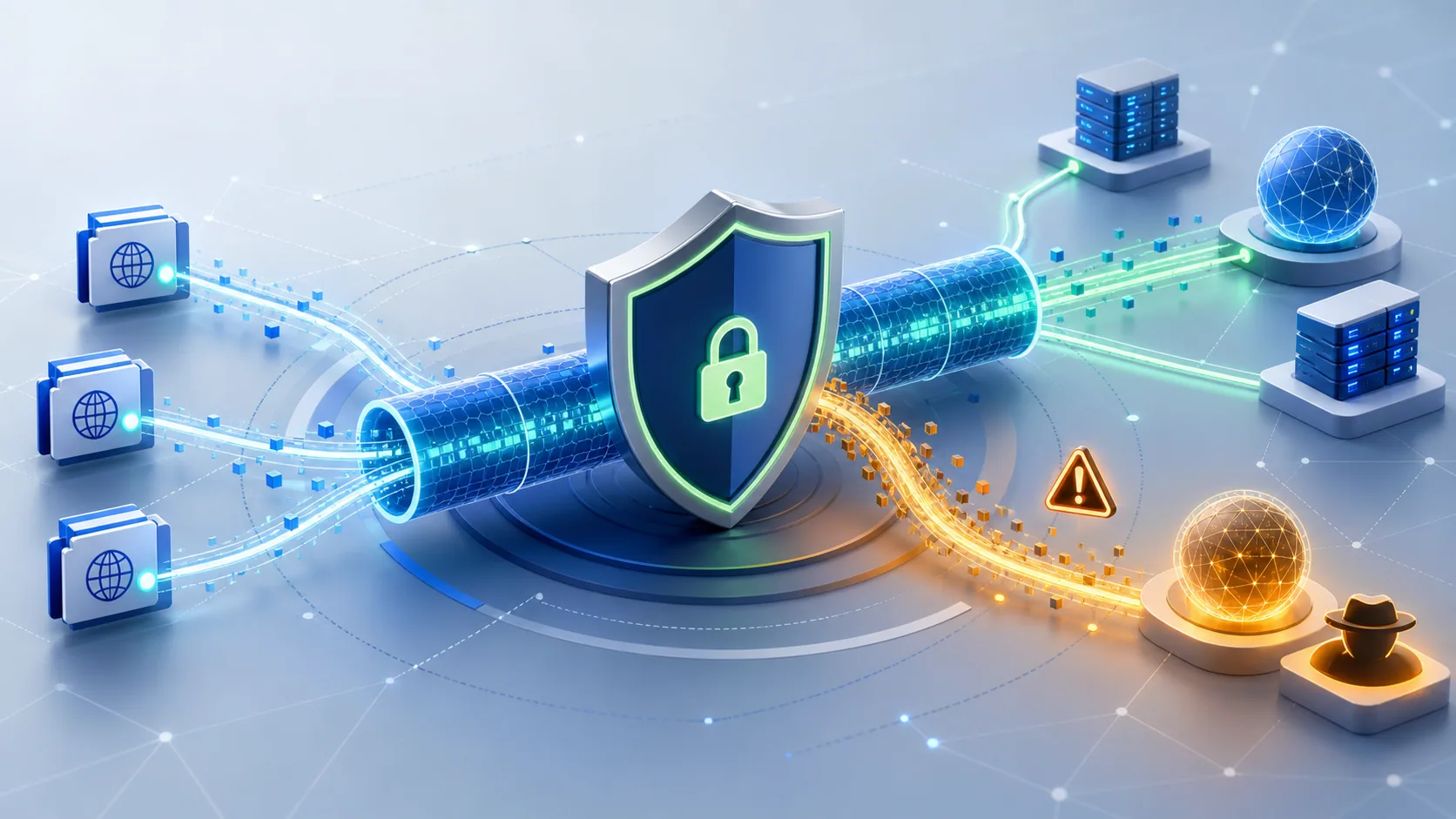 DNS 查询从加密通道分流形成泄漏风险的网络安全示意图